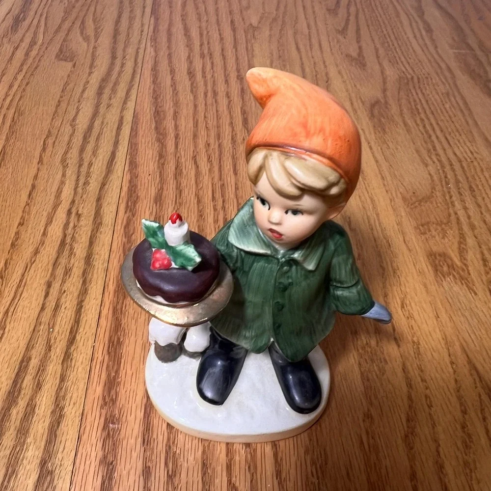 VTG Christmas Caroler Child Figurine Holding Christmas Pudding Cake Mid Century